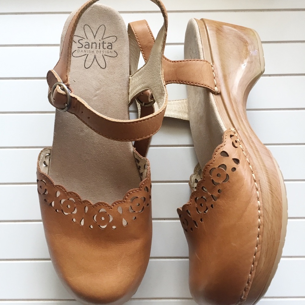 Sanita Tan Leather Floral Cutout Clog Mules